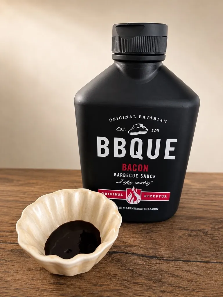 Mattschwarze BBQUE-Flasche mit rotem Etikett neben einer Schale dunkler Bacon-Barbecue-Sauce auf Holz
